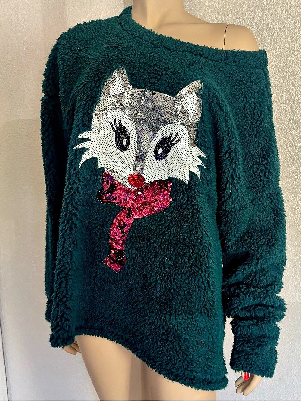 Time and Tru Plush Long Sleeve Pullover Fox Pullover in Green Size XXL/2XG (20)